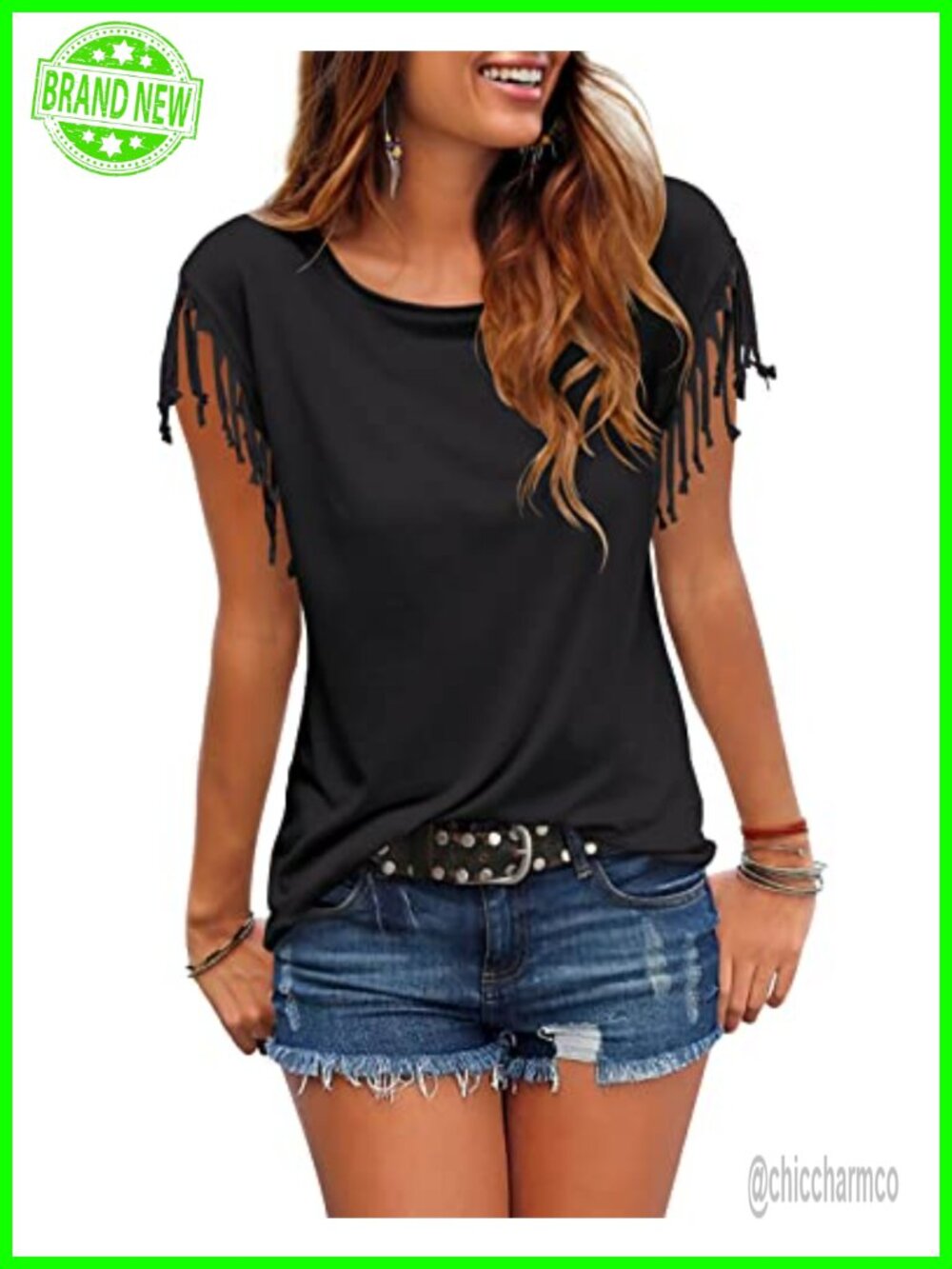 Women's Tassel Short Sleeve Round Neck Casual Summer Tee Top